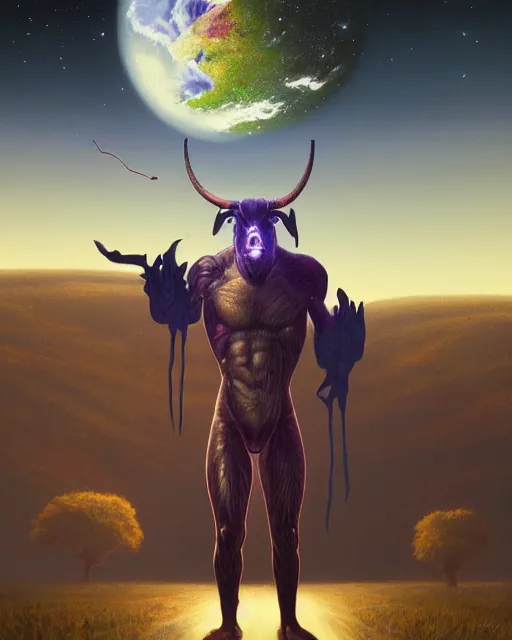 Image similar to highly detailed surreal vfx portrait of a futuristic minotaur in a rural farm with planets in background, stephen bliss, unreal engine, greg rutkowski, loish, rhads, beeple, makoto shinkai and lois van baarle, ilya kuvshinov, rossdraws, tom bagshaw, alphonse mucha, global illumination, detailed and intricate environment