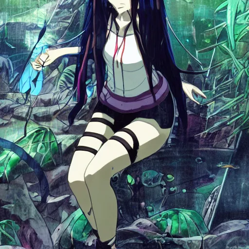 Prompt: a female anime character with long black hair, in a misty jungle surrounded by broken technology, in the style of mamoru oshii, ghost in the shell