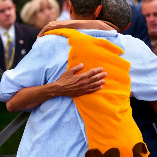 Image similar to president obama solemnly hugging a man dressed in a scooby doo costume