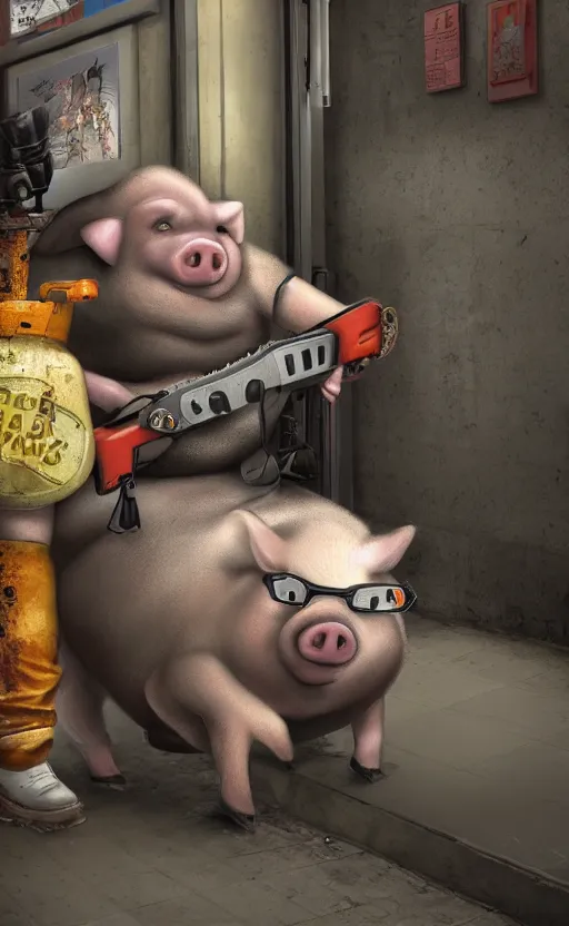 Image similar to fat pig with a human height with a chainsaw in the subway, photo, photorealistic, detailed, 8 k, hdr, high quality, high resolution, lossless quality, lossless, 4 k, 1 6 k