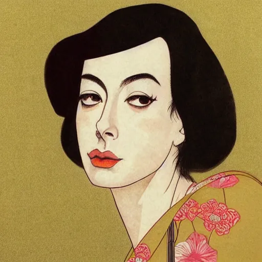 Image similar to “ ann hathaway portrait by ikenaga yasunari and ayana otake and ko rakusui, 6 0 s poster, drawing, realistic, sharp focus, japanese, dreamy, nostalgia, faded, golden hues, floral clothes, porcelain skin ”