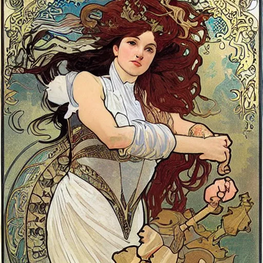Prompt: woman in full plate armour, lance, flowing hair, fighting a dragon, painted by alphonse mucha