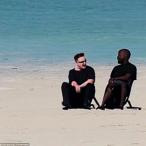 Image similar to elon musk and kanye west laughing chilling at the beach in aruba