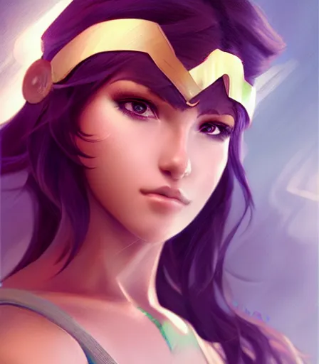 Prompt: beautiful portrait of a gorgeous personal trainer who looks like Palutena , character design by charlie bowater, ross tran, artgerm, and makoto shinkai, detailed, soft lighting, rendered in octane