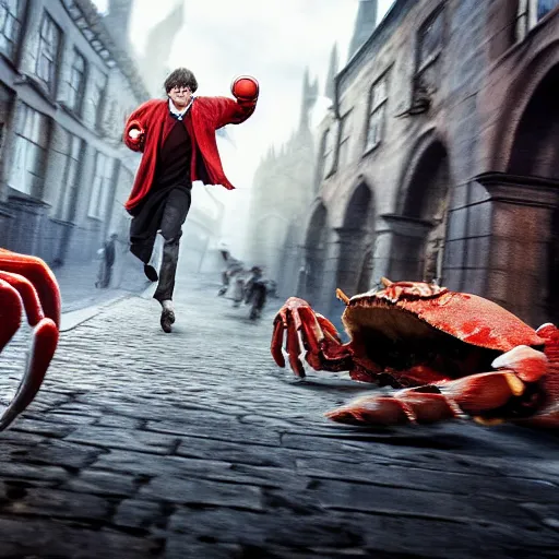 Image similar to harry potter boxing against a giant crab, cinematic shot, realism, 4 k, award winning photograph