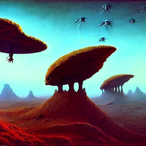 Image similar to flying alien creatures on an alien landscape, painted by beksinski, 4 k, intricate details, unreal engine, dynamic lighting