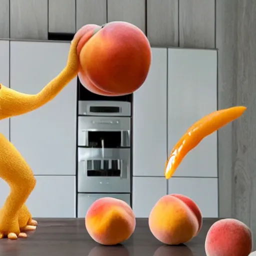 Prompt: a peach inspired creature dancing in a kitchen, kitchen interior, highly detailes