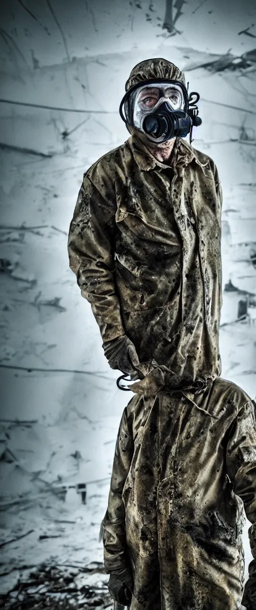 Image similar to an award winning portrait photo of chernobyl liquidator, postapocalyptic, 4 k, high quality, sharp focus