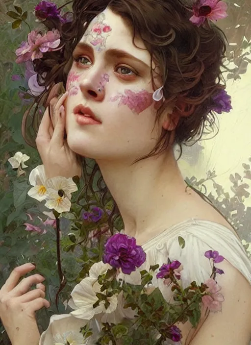 Prompt: a woman with her face painted. face painting of flowers. beautiful highly detailed face. painting by artgerm and greg rutkowski and alphonse mucha.