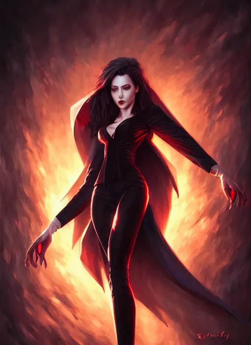 Image similar to vampire in the style of stefan kostic, realistic, full body shot, wide angle, sharp focus, 8 k high definition, insanely detailed, intricate, elegant, art by stanley lau and artgerm, floating embers