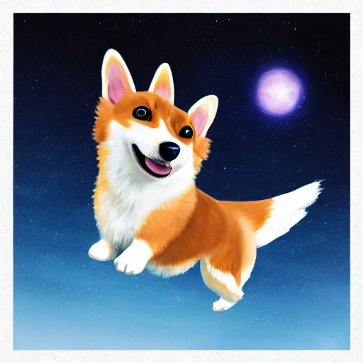 Prompt: corgi with [ angelic wings ]!!, [ flying like a superhero ]!! in the [ night sky ]!! where the stars are visibly perceptible, [ realistic photo ]!!, [ 4 k photorealism ]!!, trending on artstation