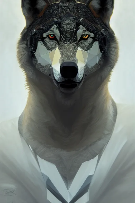 Image similar to symmetry!! portrait of a good looking wolf man, machine parts embedded into face, intricate, elegant, highly detailed, digital painting, artstation, concept art, smooth, sharp focus, illustration, art by artgerm and greg rutkowski and alphonse mucha, 8 k
