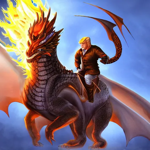 Image similar to trump riding a dragon, digital art