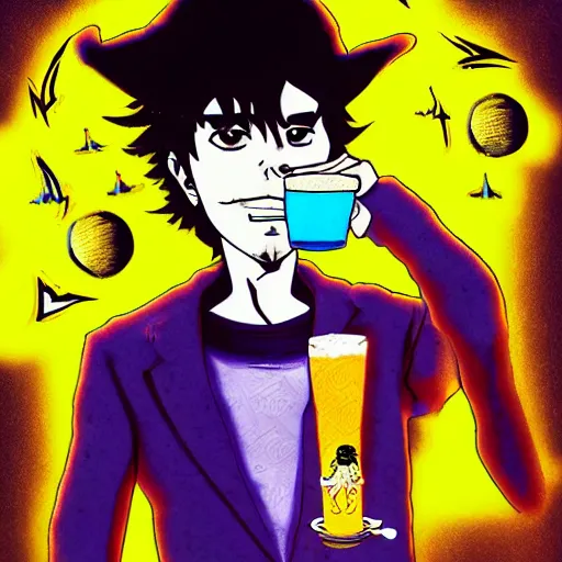 Prompt: A man drinking a cup of cosmic energy bright light by Hideaki Sorachi, 4k, digital art, surreal, anime style, cowboy Bepop, space dandy,