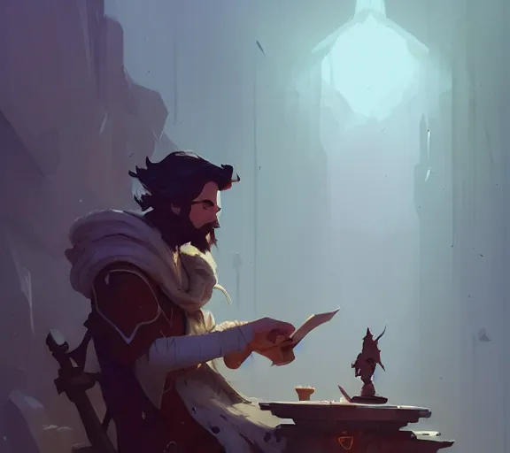 Image similar to portrait of bard, d & d, fantasy, medium shot, asymmetrical, matte painting, illustration, hearthstone, by atey ghailan, by greg rutkowski, by greg tocchini, by james gilleard, by joe fenton, by kaethe butcher, dynamic lighting, gradient light blue, brown, blonde cream and white color scheme, grunge aesthetic