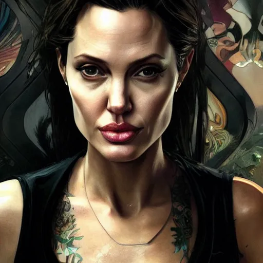 Image similar to Angelina Jolie as a grand theft auto 5 loading screen, very detailed face, gorgeous, beautiful, intricate, highly detailed, digital painting, artstation, concept art, sharp focus, illustration, art by greg rutkowski and alphonse mucha
