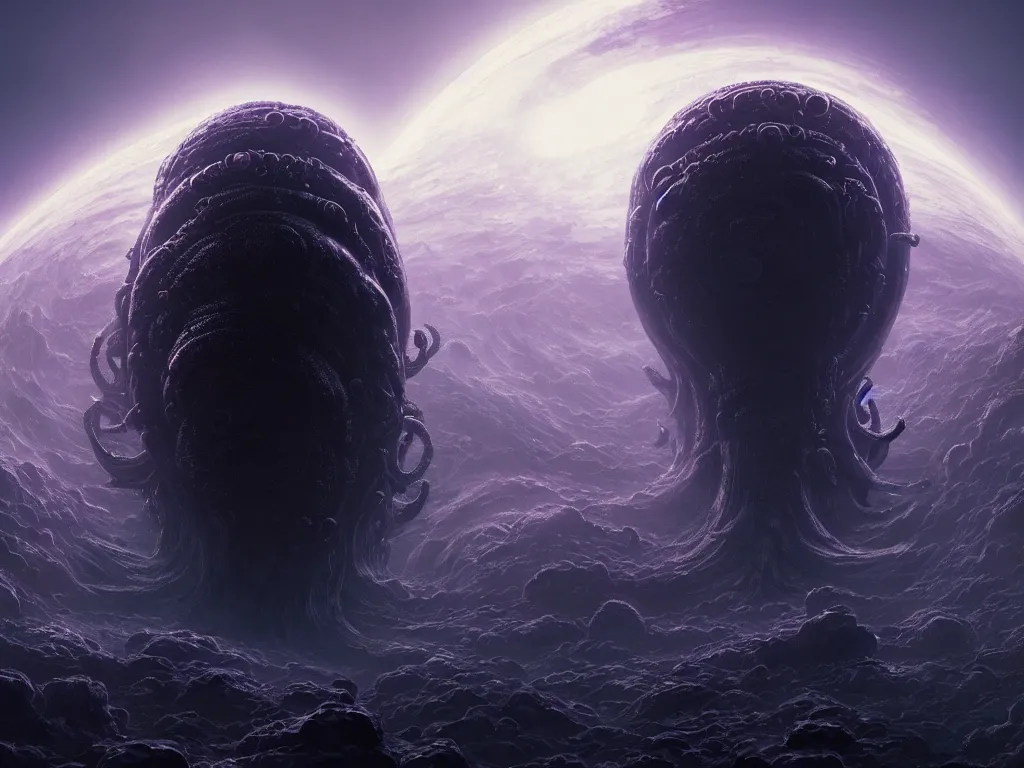 Prompt: A wide shot of an ancient lovecraftian elder god floating in space consuming a planet art by Maciej Kuciara and Jason Chan, ominous, cosmic horror, trending on artstation, Ultra detailed, hyper realistic 4k