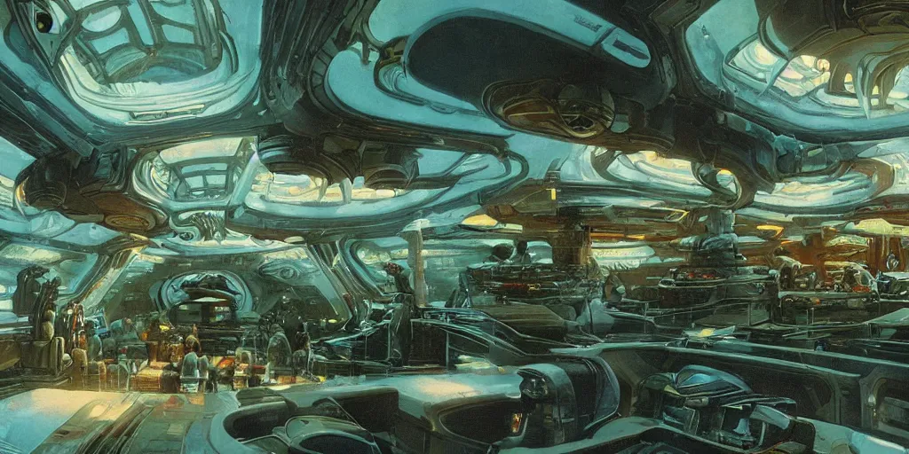 Image similar to cinematic shot of the interior of a sci-fi spaceship with ornate elven architecture, style of Roger Dean, style of Chris Foss