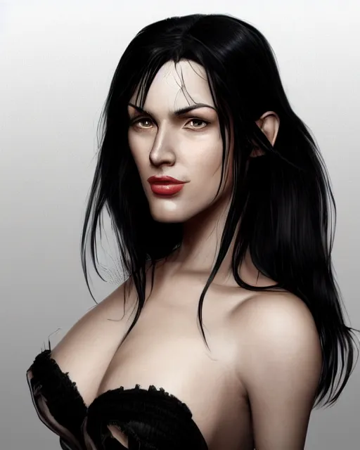 Prompt: portrait of a tall 4 0 - year - old woman with thin lips, long, lush black hair gathered on the head, and thick eyebrows, wearing in black clothes, aristocratic appearance, hyper realistic face, beautiful eyes, character art, art by mark brooks, hyperdetailed, cryengine, trending on artstation, digital art
