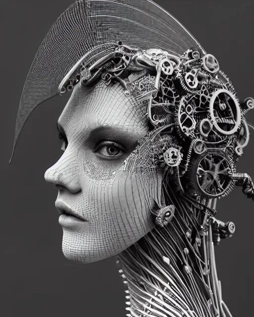 Image similar to mythical black and white organic bio-mechanical spinal ribbed profile face portrait detail of mechanical beautiful female angelic-vegetal-cyborg, highly detailed, intricate steampunk ornate, poetic, 3D render, digital art, octane render, 8K artistic photography, photo-realistic, by Dora Maar