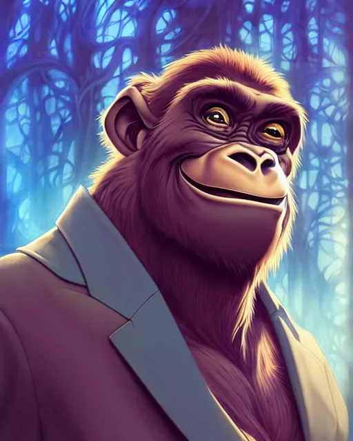 Image similar to don bluth, loish, artgerm, joshua middleton, steampunk, clockpunk anthropomorphic gorilla, full blue suit, smiling, symmetrical eyes symmetrical face, colorful animation forest background