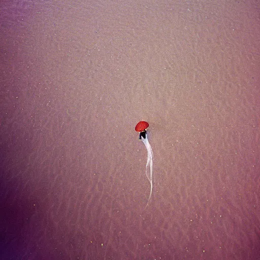 Image similar to aerial expired kodak portra film photograph of flying jellyfish casting shadows on thailand island