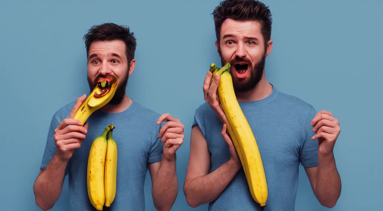 Prompt: A man eating banana, octane render, blue hue, retro wave,