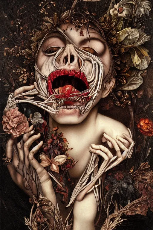 Image similar to Detailed maximalist portrait with large lips and eyes, scared, botanical skeletal with extra flesh, HD mixed media, 3D collage, highly detailed and intricate, surreal illustration in the style of Caravaggio, dark art, baroque