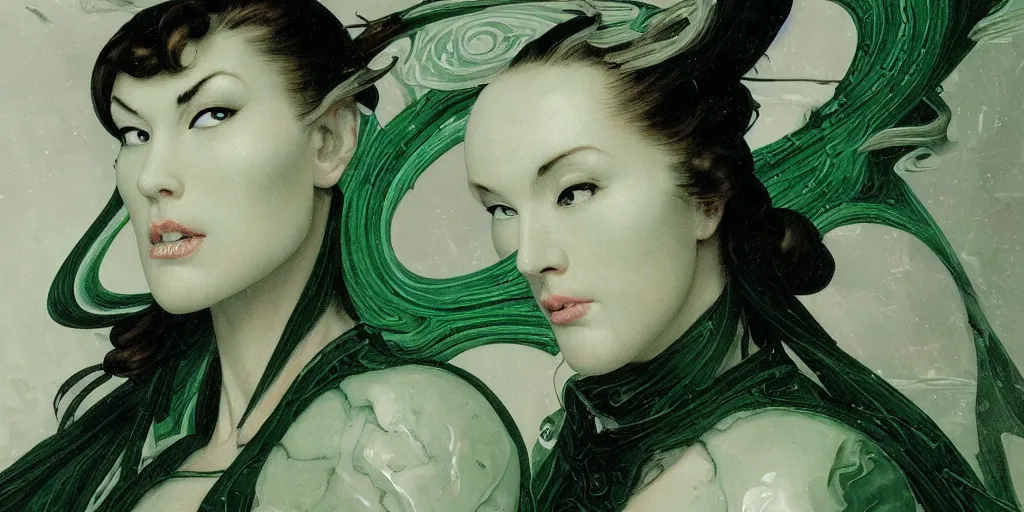 Image similar to a dark baroque close - up portrait of a deep green and white porcelain being made out of white sci - fi vitrified translucent ceramic marble ; china. reflective detailed textures. gloomy black background. highly detailed fantasy science fiction painting by moebius, norman rockwell, frank frazetta, and syd mead. rich colors, high contrast. artstation