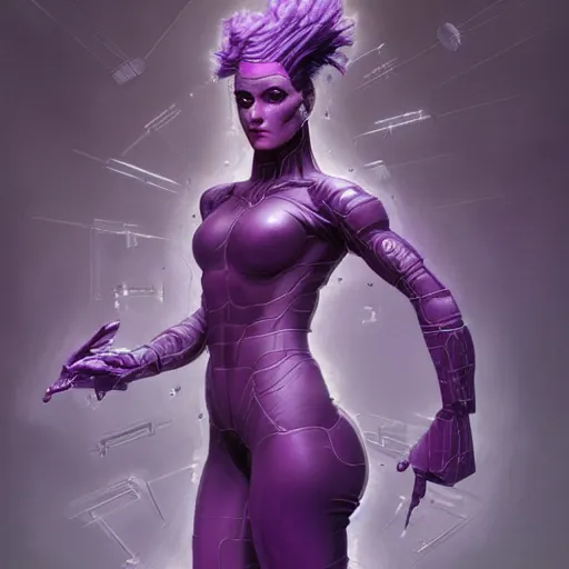 Image similar to a detailed full body portrait of a purple haired woman fused with cybernetics, by dorian cleavenger, greg rutkowski, wlop, astri lohne, zdzisław beksinski trending on artstation