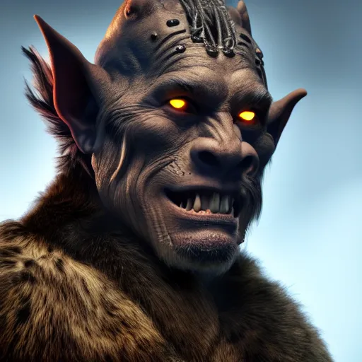 Image similar to A full body shot of a handsome orc looking into the camera wearing a fur jacket and boots, full body shot, artstation, realistic, highly detailed, symmetrical, hyper realism, high detail, octane render, unreal engine, 8k, fantasy art, highly detailed, concept art