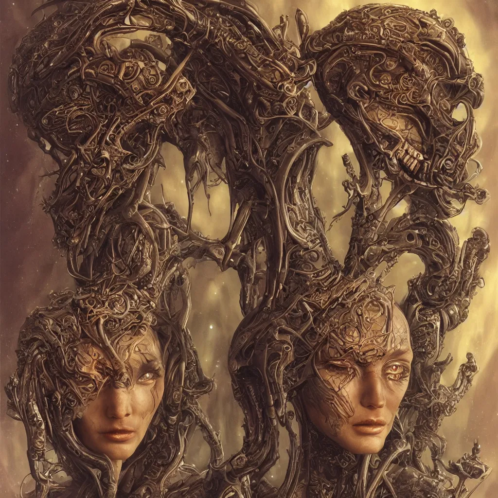 Prompt: beautiful and exotic alien queen bust portrait, glowering judging eyes, art nouveau declotage, perfect symmetrical facial features, hyperrrealistic bone structure, extremely hyperdetailed, mixed media painting, unreal engine, 8 k, octane, 8 mm, by travis charest, rodney matthews and olivia de bernardinis