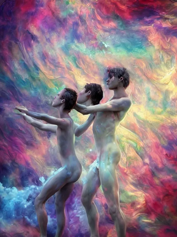 Image similar to dance of 2 humanoids made of infinite flowing sheer petals, covered in splashes and strokes of paint, clouds, smoke and flowers, feminine, muscular, flowing cloth, pastel 8 k, rendered in cinema 4 d, ultra realistic, atmospheric, cinematic, golden ratio. hyperrealism, biblical, baroque, renaissance painting, crystals, rays of light, trending on artstation