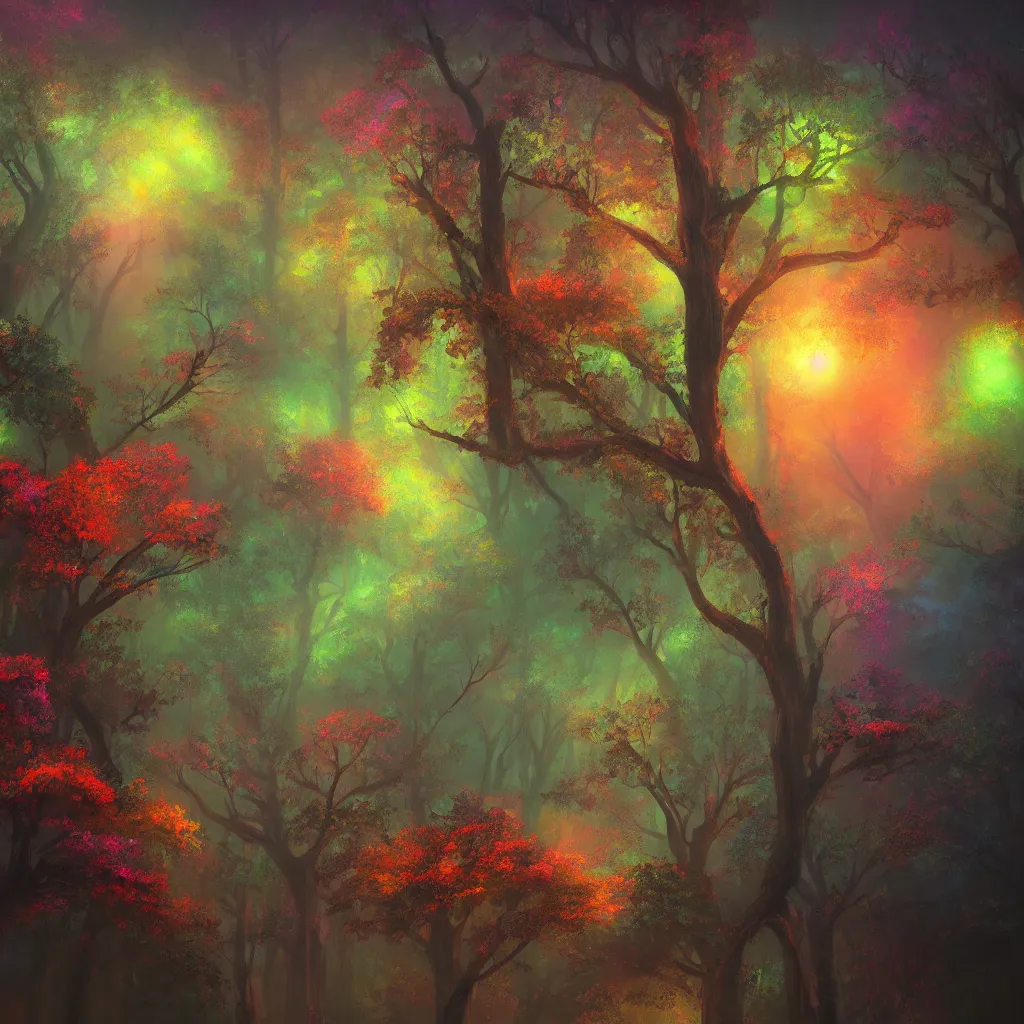 Image similar to huge trees, misty nighttime. radiating colorful energy. photorealistic, moody atmosphere,, holographic undertones, intricate and detailed, highly saturated colors, by kan liu, breath of the wild, studio ghibli. trending on artstation. award winning, daily deivation
