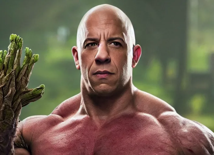 Image similar to film still of vin diesel as groot in the new guardians of the galaxy movie, 4 k, highly detailed face, detailed eyes