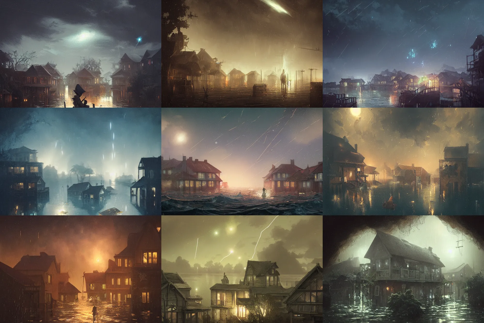 Prompt: raining meteor shower over a flooded colonial village with water coming out of the window, close up, light dust, by peter mohrbacher dan mumford nekro, cgsociety, pixiv, volumetric light, 3 d render