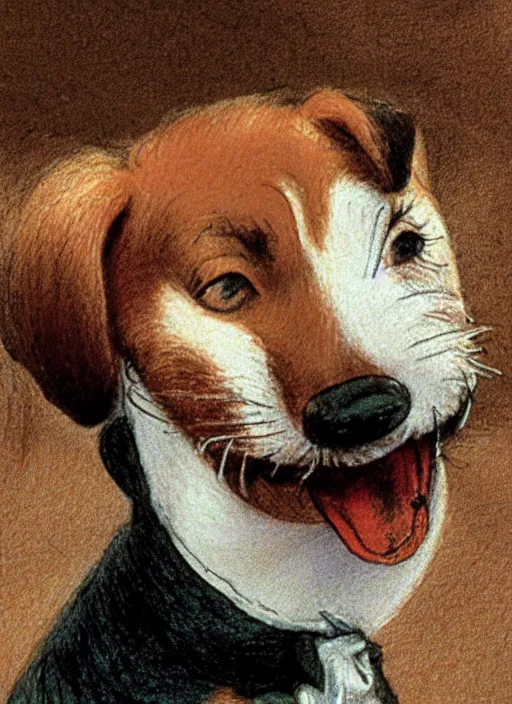 Prompt: closeup candid portrait of a jack russel terrier singing with eyes closed, illustrated by peggy fortnum and beatrix potter and sir john tenniel
