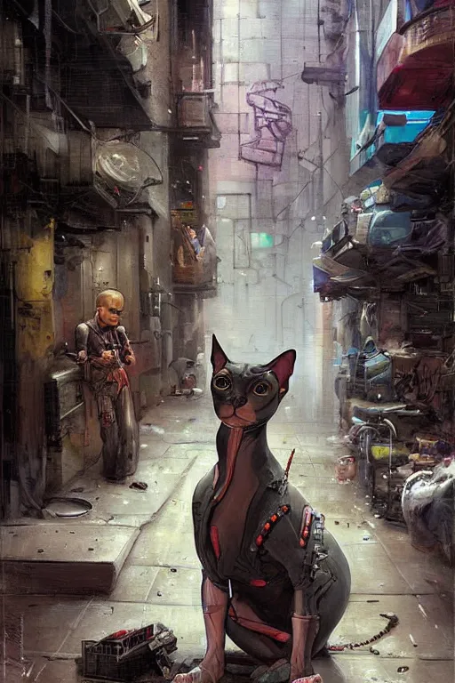 Image similar to a cyborg!! sphynx cat!!, in a cyberpunk alleyway by daniel gerhartz