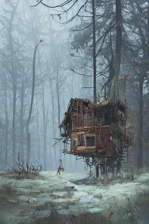 Prompt: an abandoned and overgrown ramshackle multistory hut in the woods, intricate, elegant, fantasy, highly detailed, digital painting, concept art, sharp focus, illustration, artstation, art by Simon Stålenhag