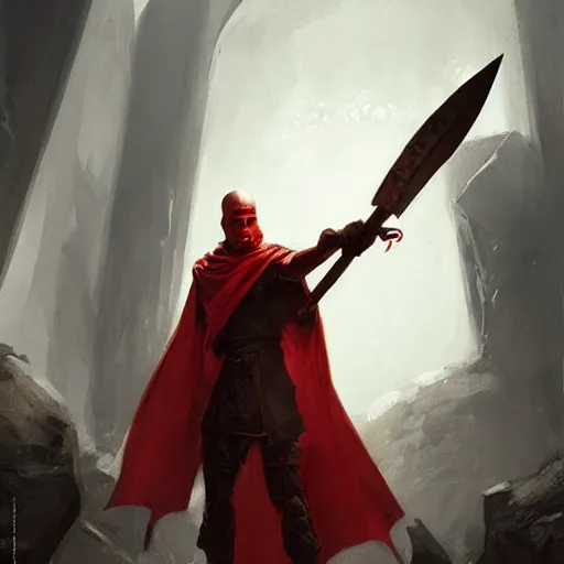 Image similar to a portrait of a red dragonborn monk in a white cloak, holding a spear with a black tip, fantasy art by greg rutkowski