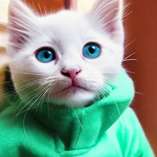 Prompt: tiny white kitten with green eyes wearing a oversized hoodie,