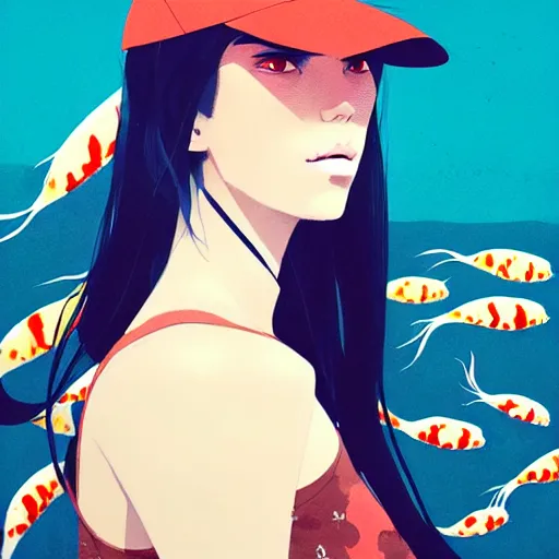 Image similar to a ultradetailed beautiful portrait panting of a stylish woman surrounded by floating koi fish, by conrad roset, greg rutkowski and makoto shinkai, trending on artstation