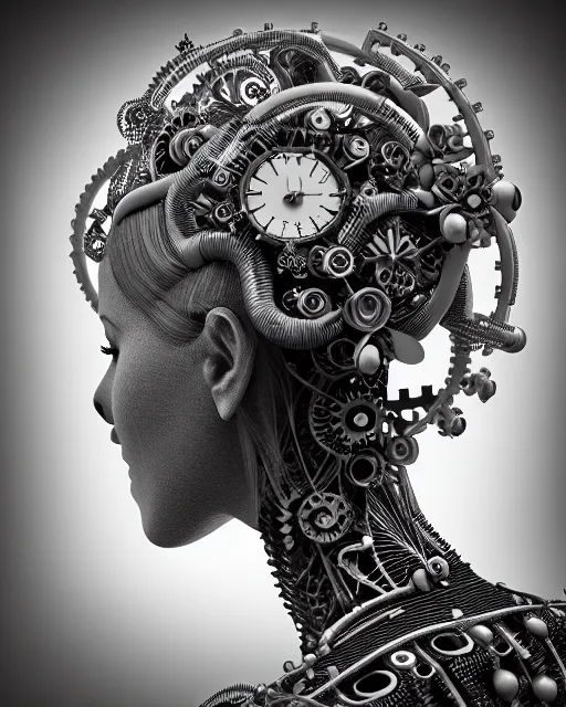Image similar to mythical black and white organic bio-mechanical spinal ribbed profile face portrait detail of silver mechanical beautiful female angelic-queen-vegetal-cyborg, highly detailed, intricate steampunk flower ornate, poetic, 3D render, digital art, octane render, 8K artistic photography, photo-realistic, by Dora Maar