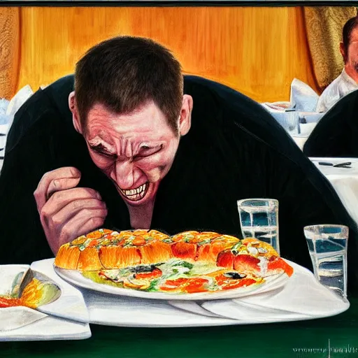 Prompt: a tall man crying at an all you can eat buffet, high detail, hyper realism