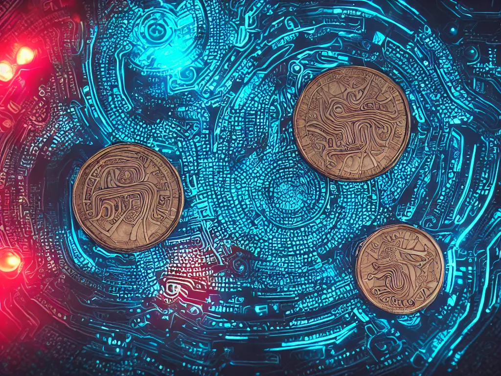 Image similar to glowing coin, digital art, ultra-detailed, cyberpunk colors