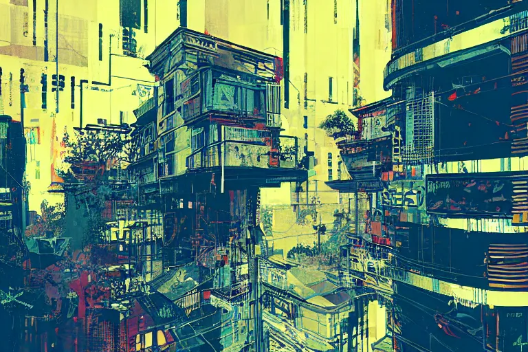 Image similar to architecture collage by atelier olschinsky, cyberpunk, (high contrast), ((oversaturated)), grafitti paint