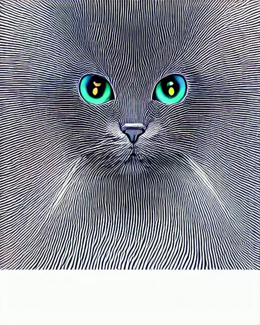 Prompt: highly detailed high resolution stacked plot of radio emissions from a pulsar, abstracted light refractions and stripy interference, making up a minimalist generative form of a fluffy cat, silk screen t-shirt design in the style of FELIPE PANTONE 4K