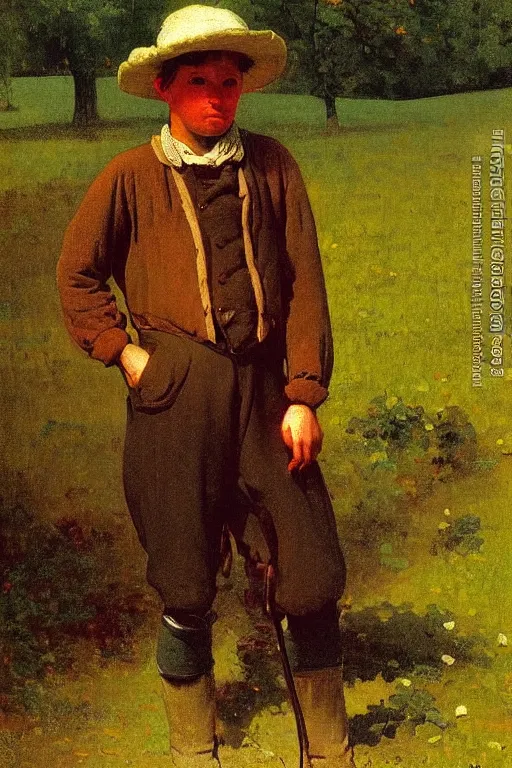 Prompt: Ohio Farm Boy 1880 by George Caleb Bingham and Winslow Homer, oil on canvas, Americana