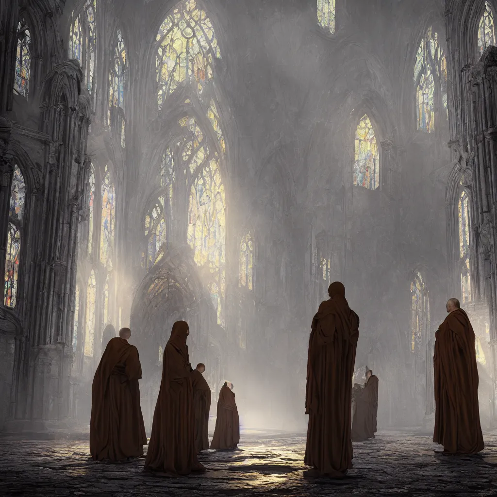 Prompt: Photorealistic strange dark monks perform a ritual in a ruined cathedral. Intense Colorful Light shines through stained glass windows. Ominous mist. occult photorealism, UHD, amazing depth, glowing, golden ratio, 3D octane cycle unreal engine 5, volumetric lighting, cinematic lighting, cgstation artstation concept art