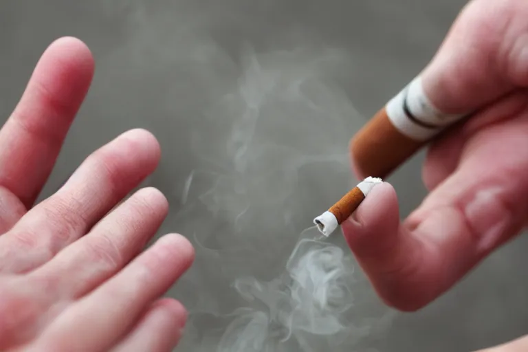 Image similar to cigarette in five fingers, thin soft hand holding cigarette, hyper realistic, natural